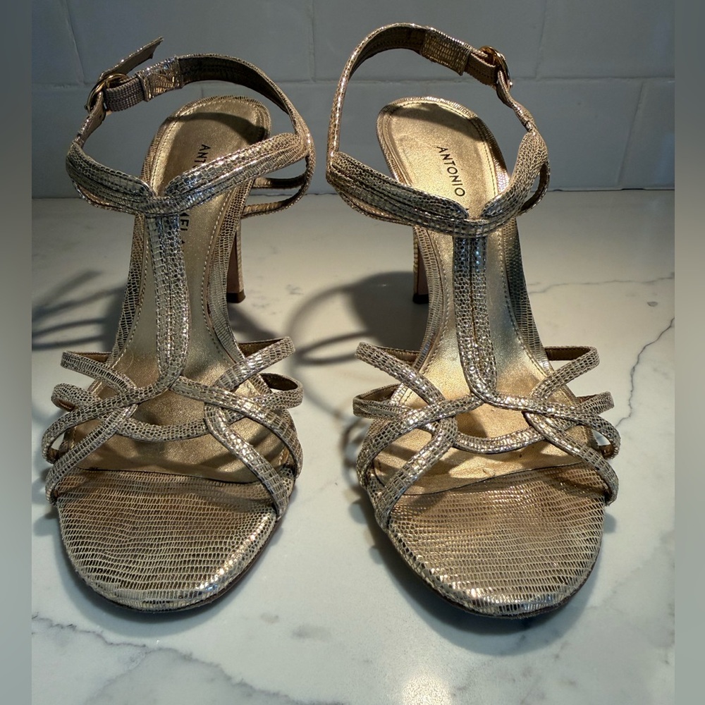 ANTONIO MELANI Metallic Gold Strappy High Heel Sandals